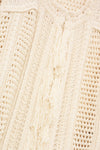 Close-up of beige knitted fabric with various patterns from bash
