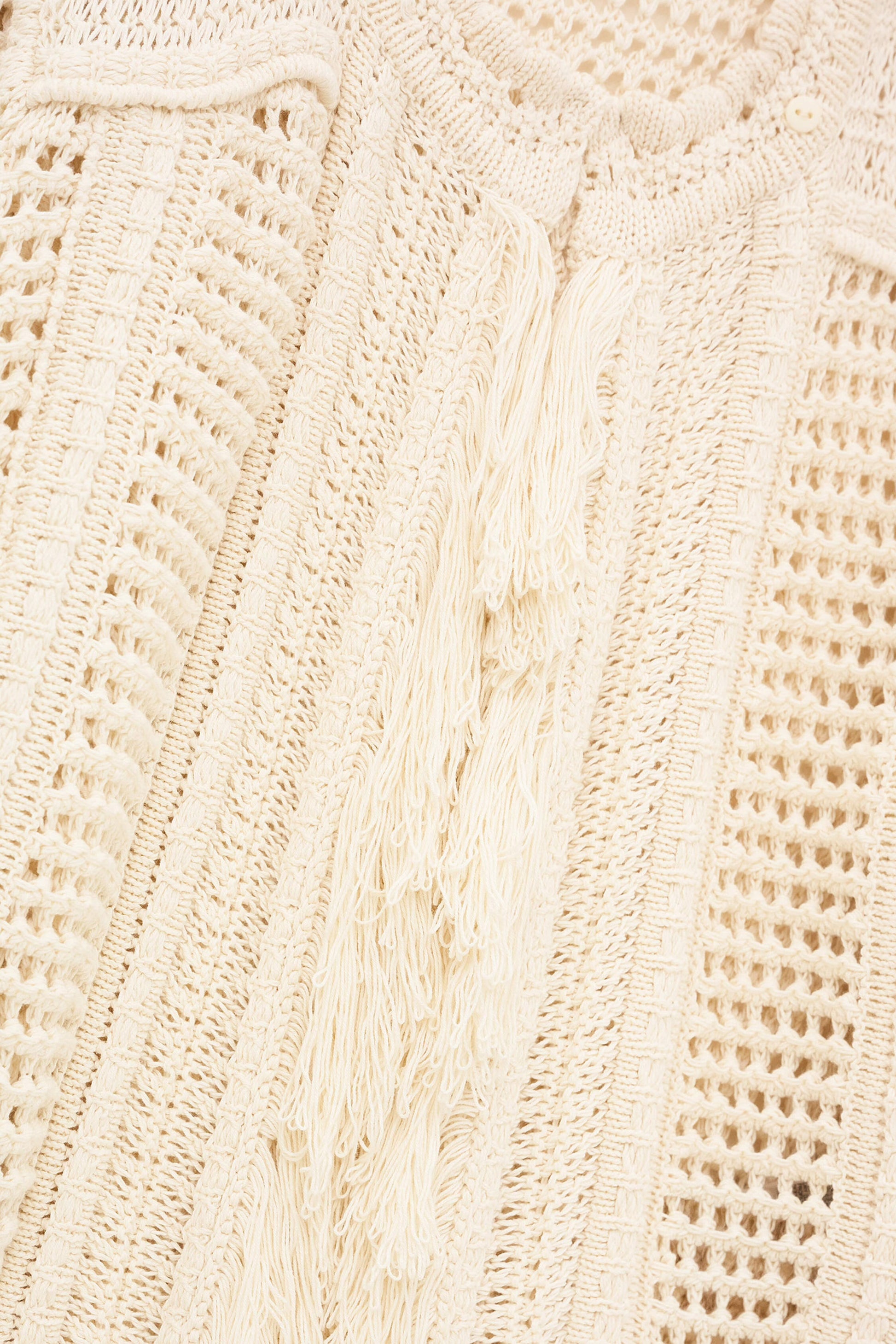 Close-up of beige knitted fabric with various patterns from bash