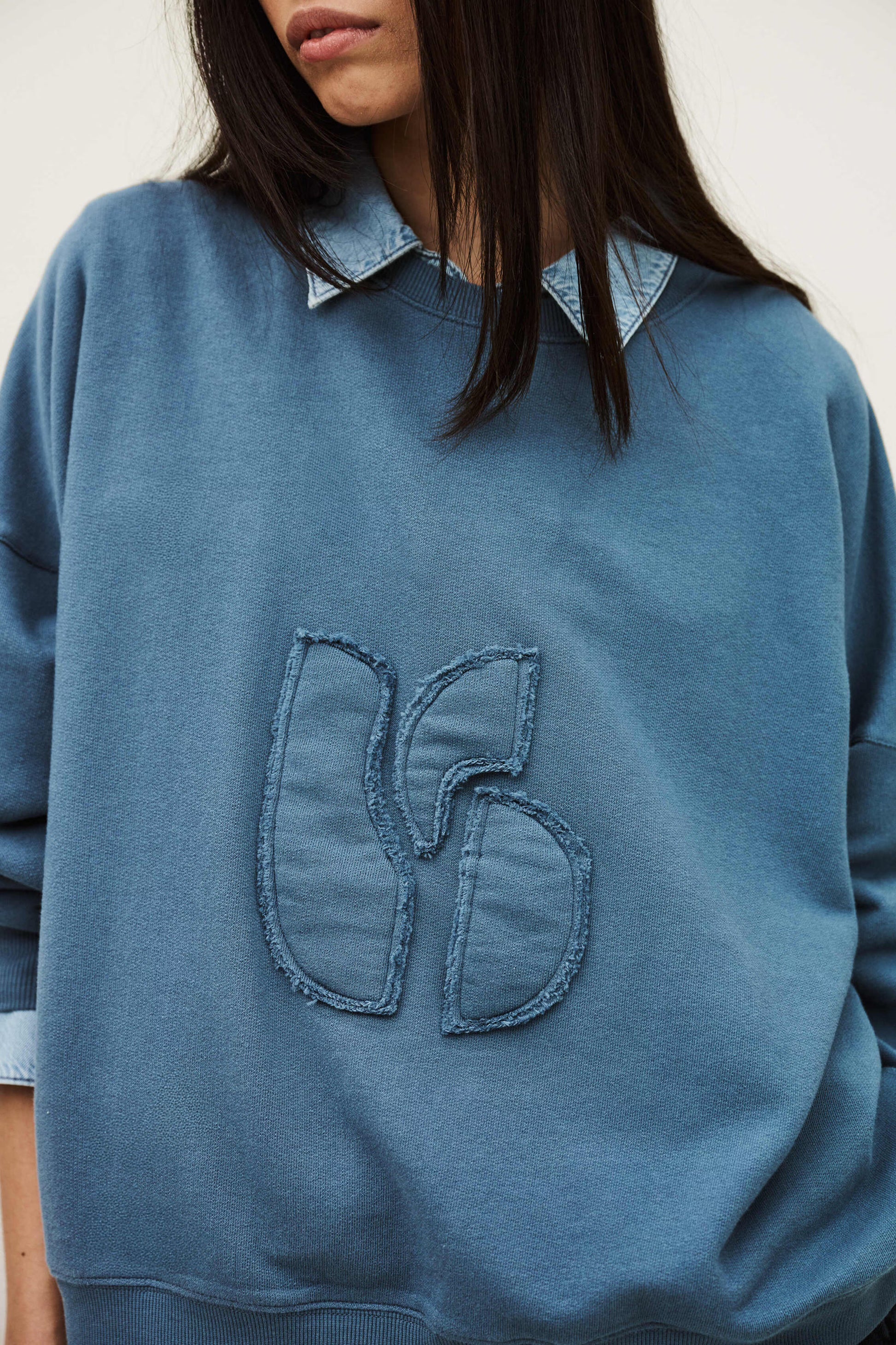 Blue sweatshirt with a unique design on the chest against a neutral background
