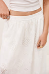 Close up detail of white skirt with lace inserts