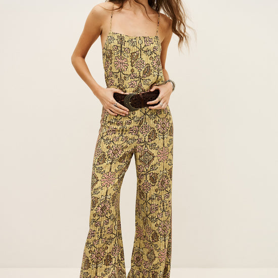 Yellow patterned trousers worn with matching top from ba&sh
