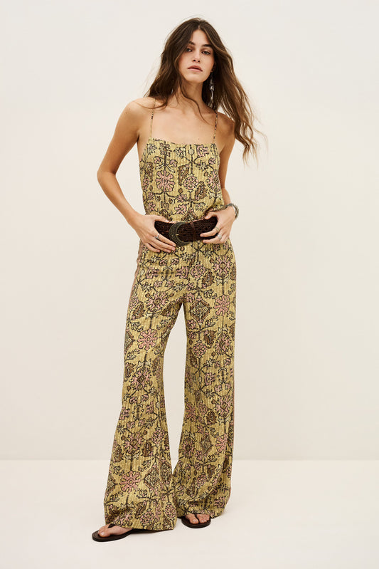 Yellow patterned trousers worn with matching top from ba&sh