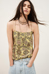 yellow printed top with tie straps from ba&sh worn with washed out denim