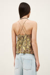 Rear view of yellow top with cross strap back