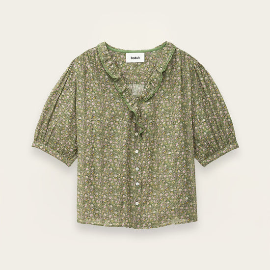 Green floral blouse on a light beige background from ba&sh