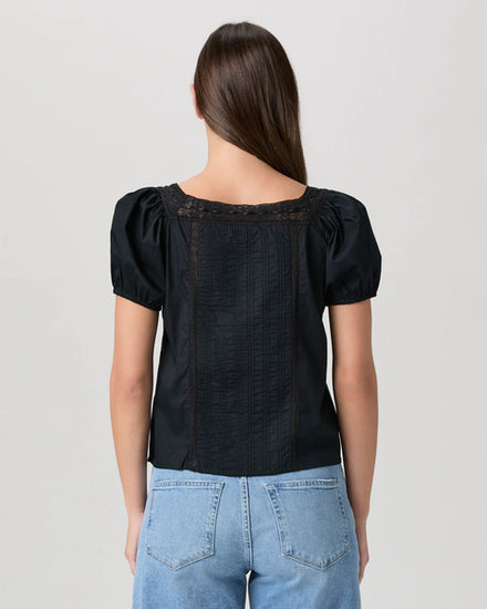 black cotton top with short sleeves, lace detailing and tie at the bust rear view 