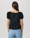 black cotton top with short sleeves, lace detailing and tie at the bust rear view 