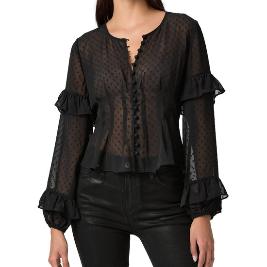 sheer polka dot black blouse with ruffle detailing and drawstring at the rear