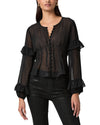 sheer polka dot black blouse with ruffle detailing and drawstring at the rear