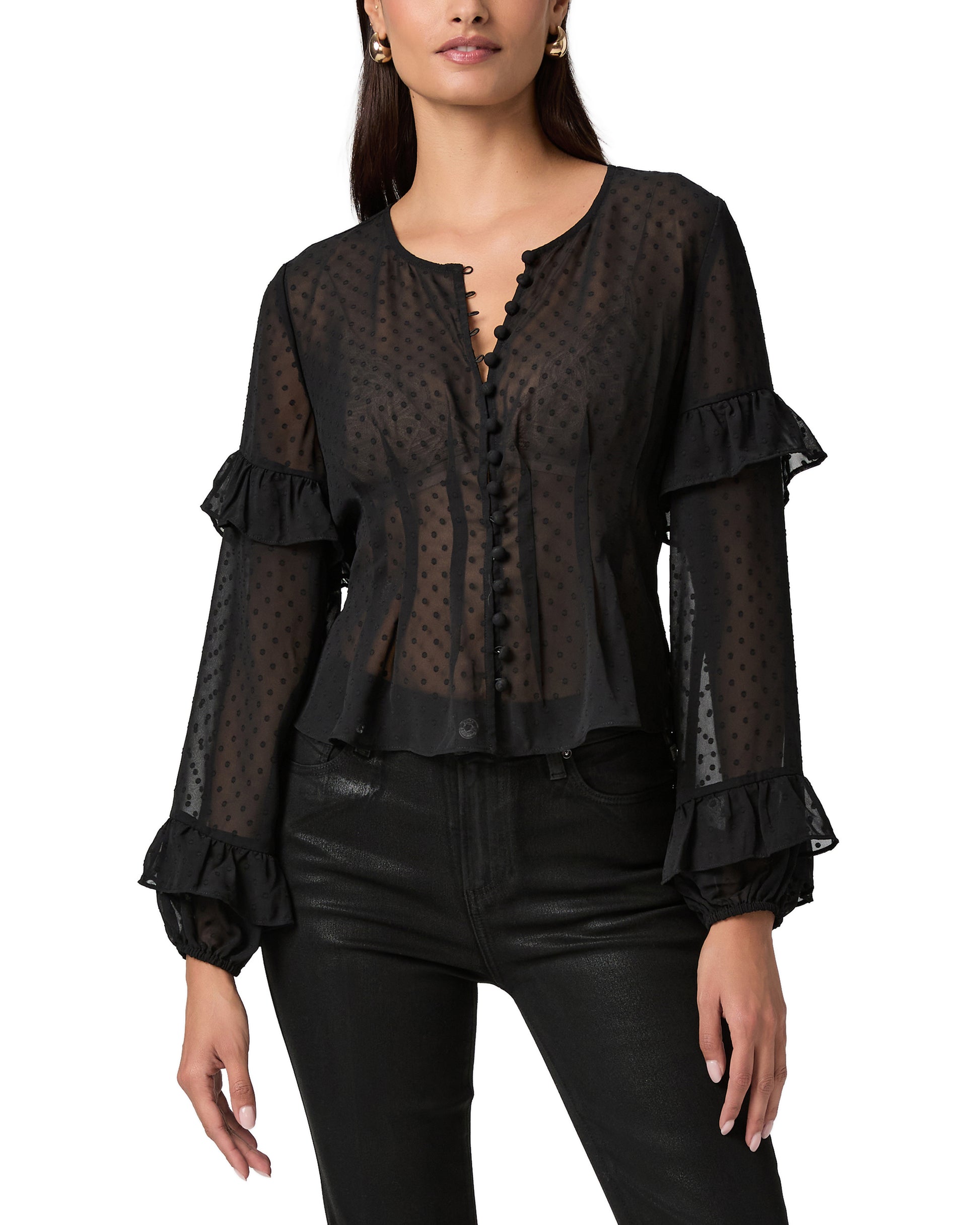sheer polka dot black blouse with ruffle detailing and drawstring at the rear
