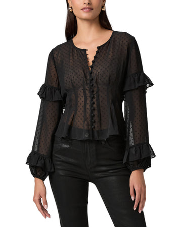 sheer polka dot black blouse with ruffle detailing and drawstring at the rear