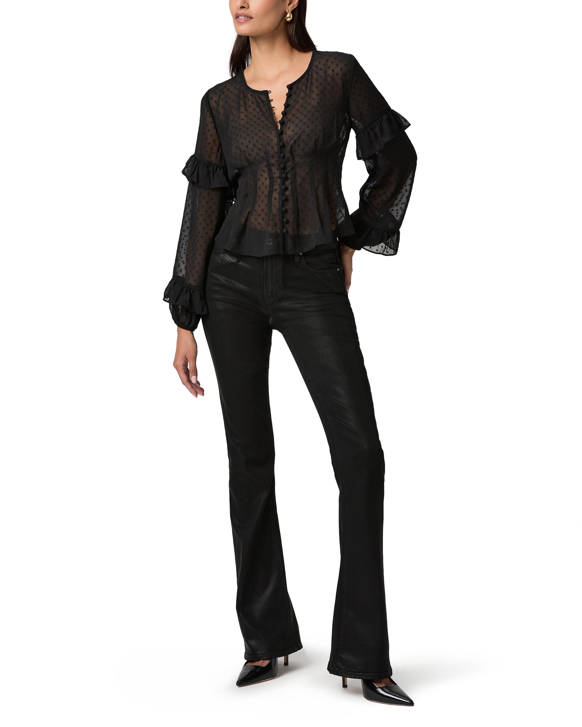 sheer polka dot black blouse with ruffle detailing and drawstring at the rear model shot