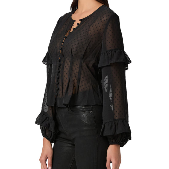 sheer polka dot black blouse with ruffle detailing and drawstring at the rear side view
