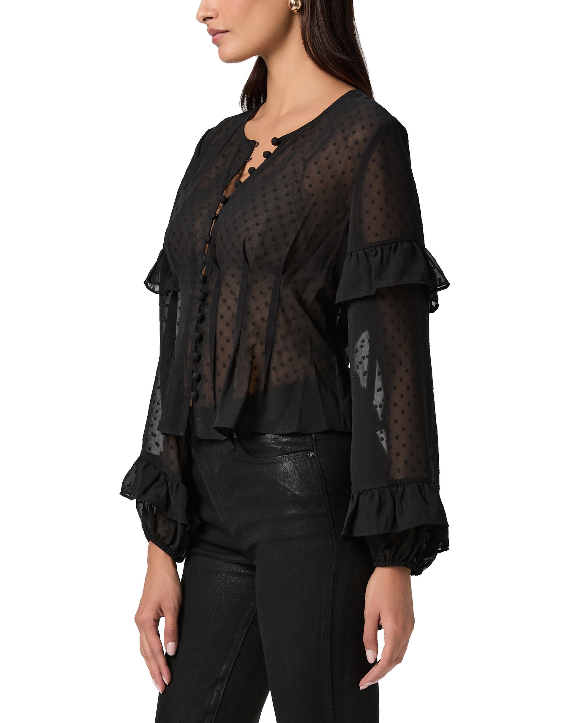 sheer polka dot black blouse with ruffle detailing and drawstring at the rear side view
