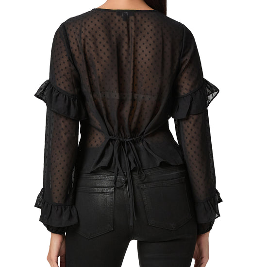 sheer polka dot black blouse with ruffle detailing and drawstring at the rear rear view