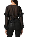 sheer polka dot black blouse with ruffle detailing and drawstring at the rear rear view