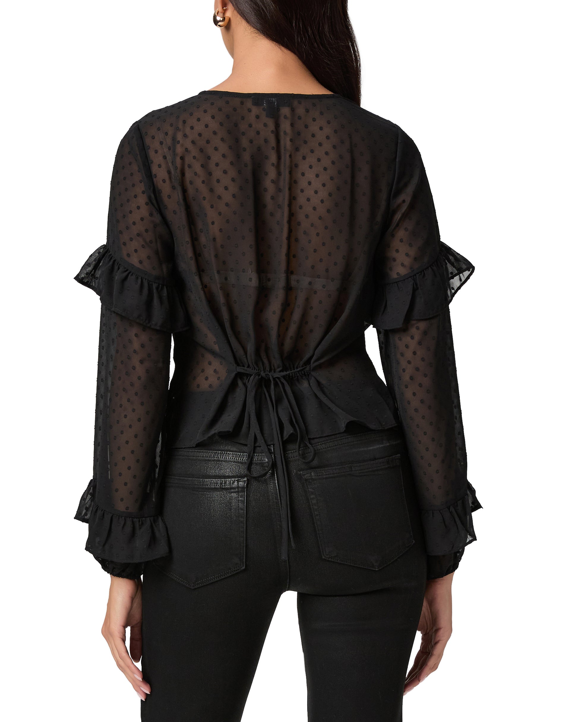 sheer polka dot black blouse with ruffle detailing and drawstring at the rear rear view
