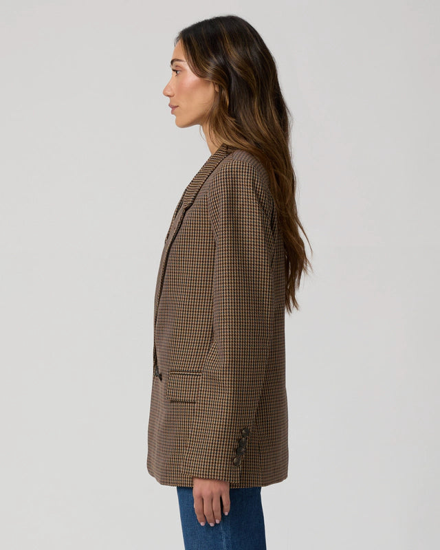 Side view of dog tooth check double breasted blazer