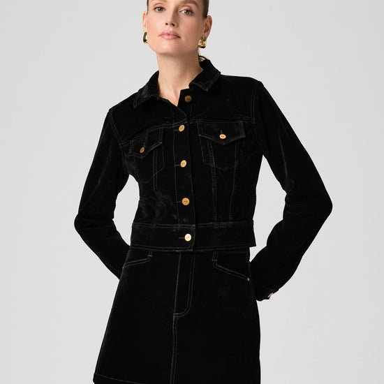 black velvet cropped denim style jacket with collar, button down and 2 chest pockets from paige
