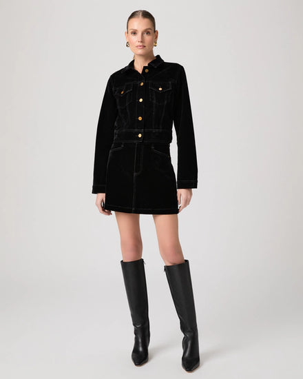 black velvet cropped denim style jacket with collar, button down and 2 chest pockets from paige model shot