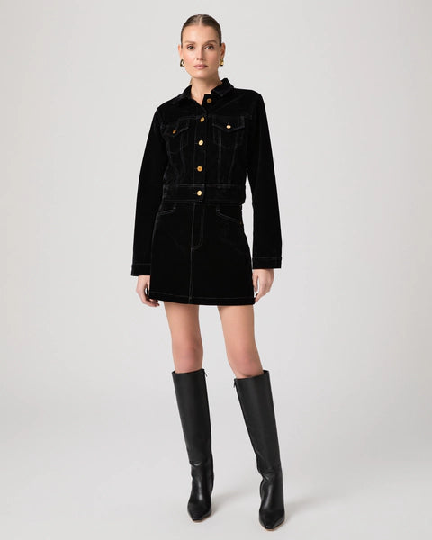 black velvet cropped denim style jacket with collar, button down and 2 chest pockets from paige model shot