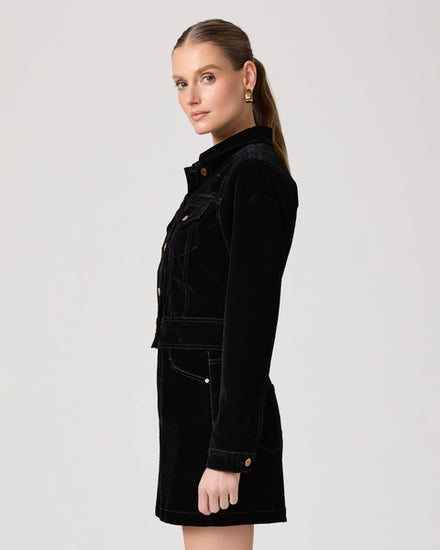 black velvet cropped denim style jacket with collar, button down and 2 chest pockets from paige side view