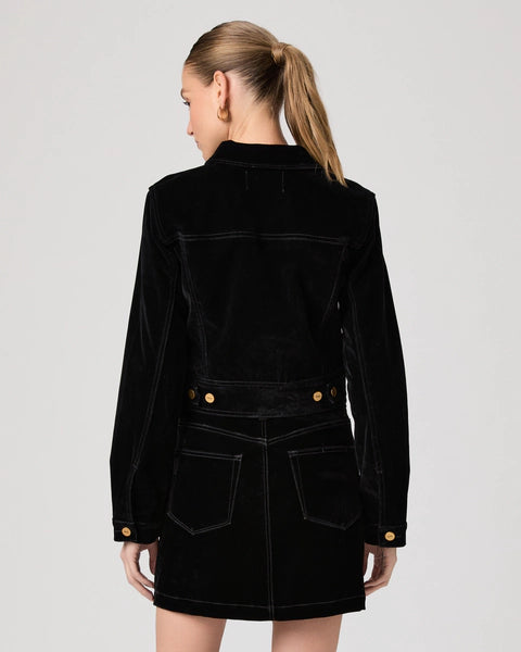 black velvet cropped denim style jacket with collar, button down and 2 chest pockets from paige rear view