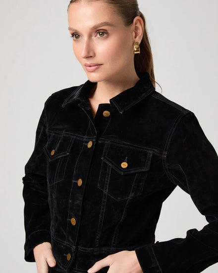 black velvet cropped denim style jacket with collar, button down and 2 chest pockets from paige model shot