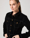 black velvet cropped denim style jacket with collar, button down and 2 chest pockets from paige model shot