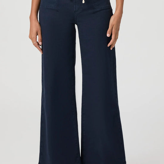 navy wide leg trousers with white drawstring and 2 front patch pockets 