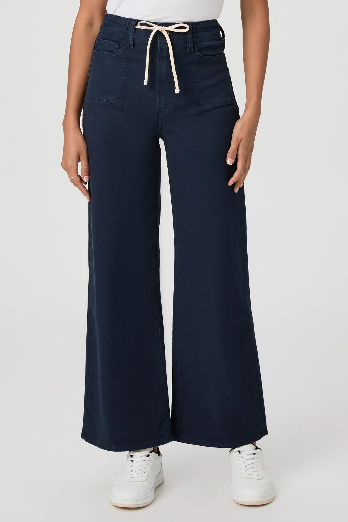 navy wide leg trousers with white drawstring and 2 front patch pockets 