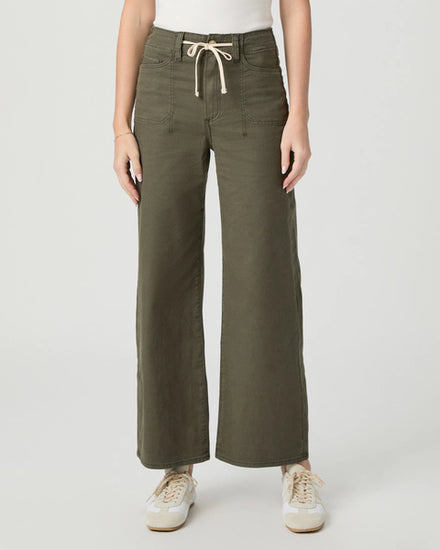 khaki green wide leg trousers with cream drawstring tie from paige