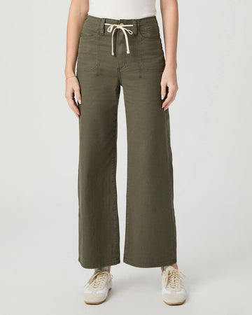 khaki green wide leg trousers with cream drawstring tie from paige