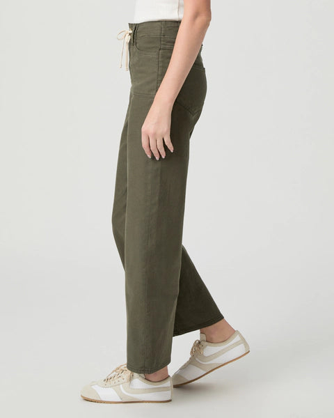 khaki green wide leg trousers with cream drawstring tie from paige side