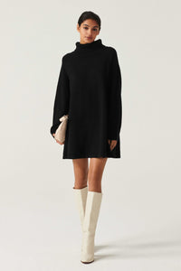 Roll neck heavy knitted black mini dress with raglan sleeves