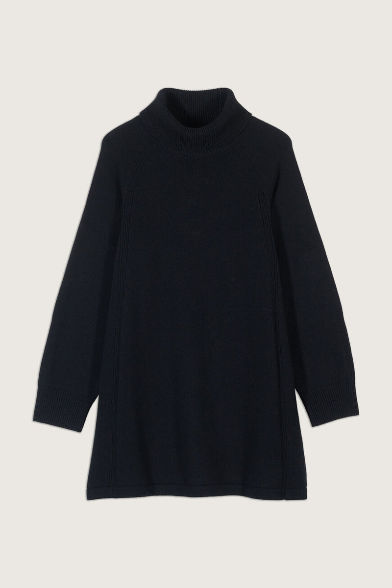 Roll neck heavy knitted black mini dress with raglan sleeves