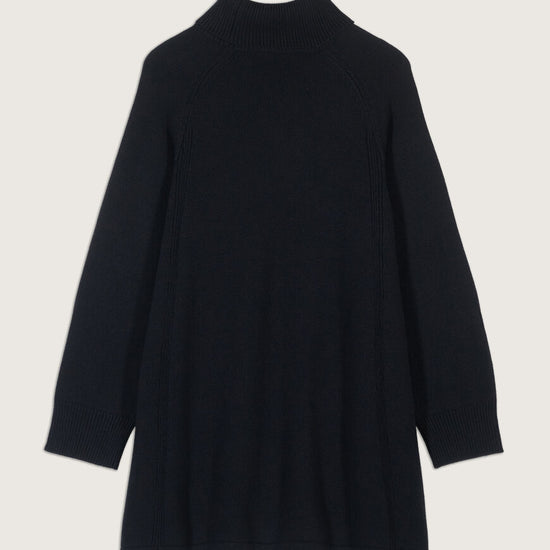 Roll neck heavy knitted black mini dress with raglan sleeves