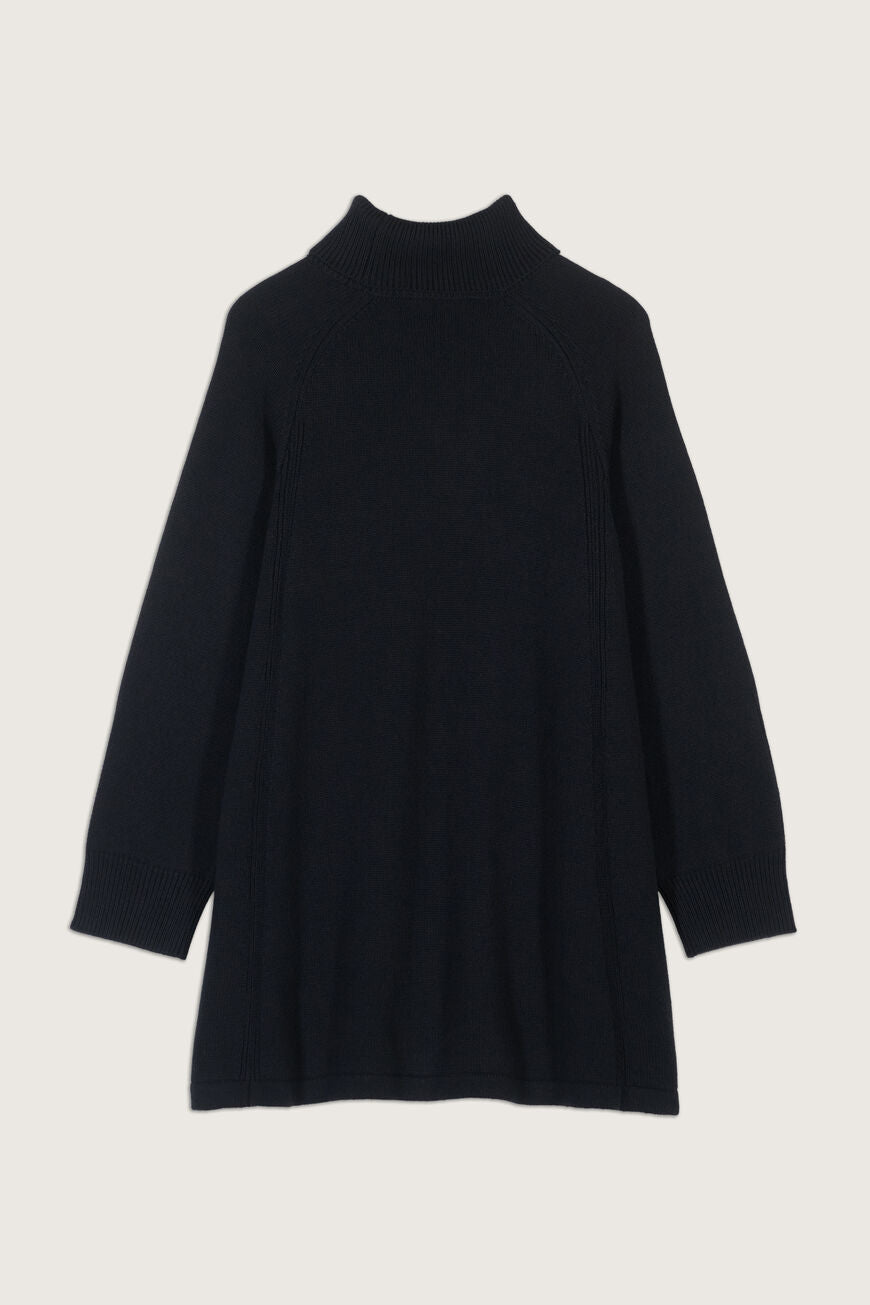 Roll neck heavy knitted black mini dress with raglan sleeves