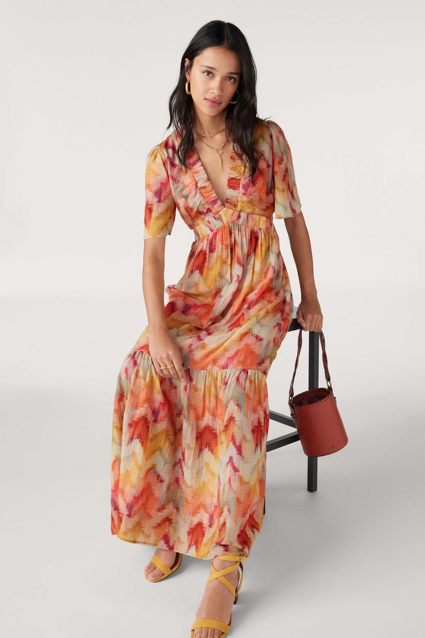 Maxi dress in warm toned watercolour chevron print with an open back