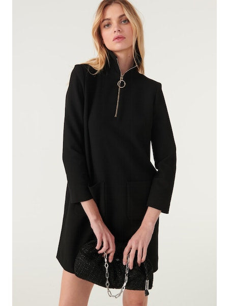 Zip neck black long sleeved structured short dress