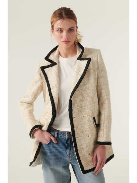 Ecru boucle jacket with contrast ecru trim with gold popped fastening and two front flap pockets