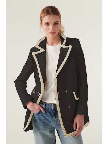 Black boucle jacket with contrast ecru trim with gold popped fastening and two front flap pockets
