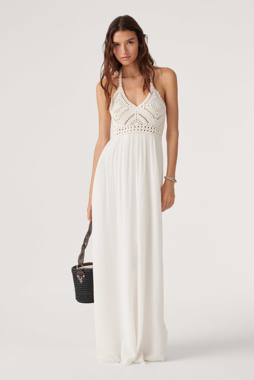 Maxi dress in ecru with floaty skirt and crocheted bodice with thin crocheted adjustable straps 