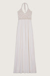 Maxi dress in ecru with floaty skirt and crocheted bodice with thin crocheted adjustable straps