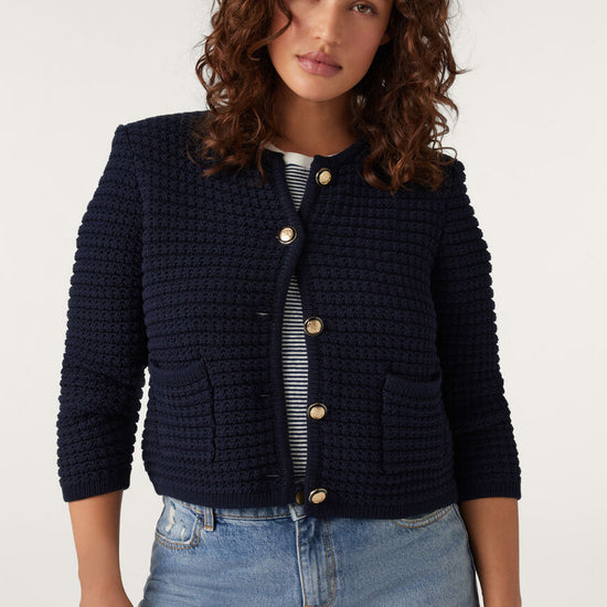 Navy blue round neck textured cardigan with two front pockets and fancy buttons