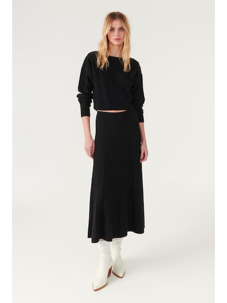 Fluted and ribbed A line woollen midi skirt black