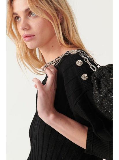 Ribbed black knitted top with ribbed detailing and silver knotted buttons on left shoulder