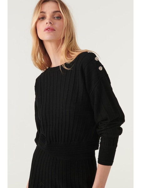 Ribbed black knitted top with ribbed detailing and silver knotted buttons on left shoulder