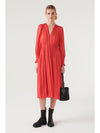 V neck mid length dress with shirred shoulders and long sleeves