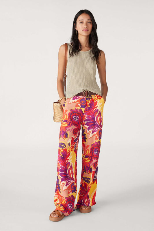 Bright purple, pink, orange and yellow wide leg trousers